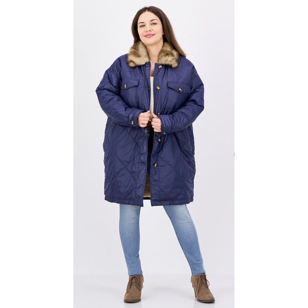 Aerie Women M Puffer Jacket Blue Quilted Sherpa Lined Faux Fur Collar Longline